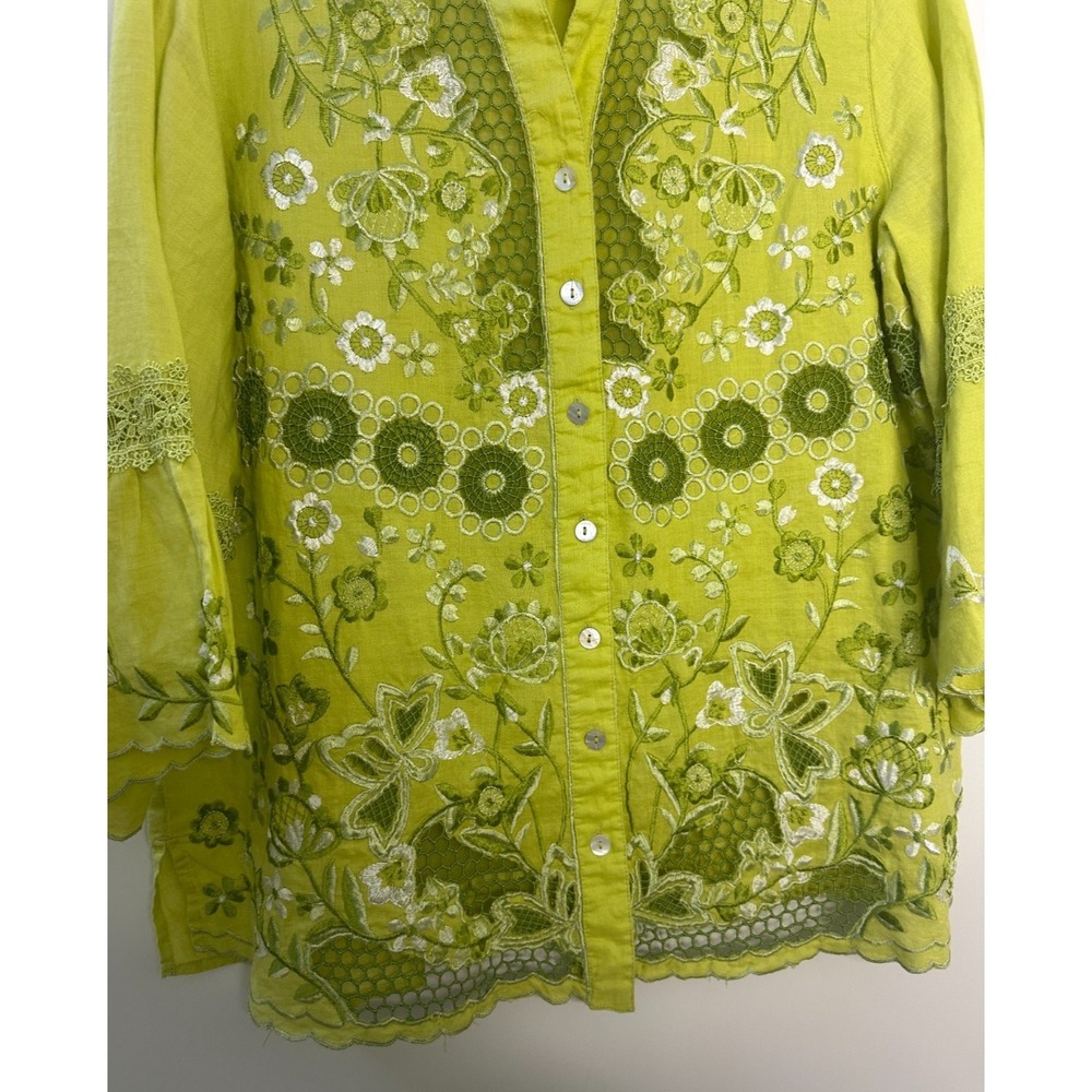 John Mark 100% Linen Embroidered Crochet Lace Blouse Womens Lime Green Medium - Picture 5 of 12